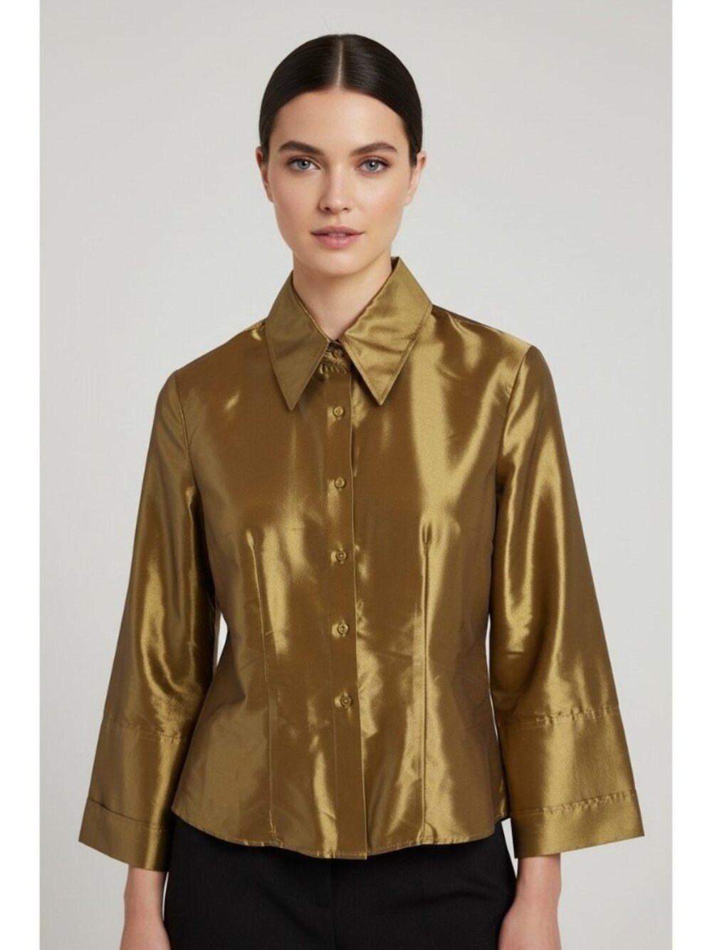 Nara Camicie Metallic Gold Satin Blouse Made Italy Point Collar Size III M